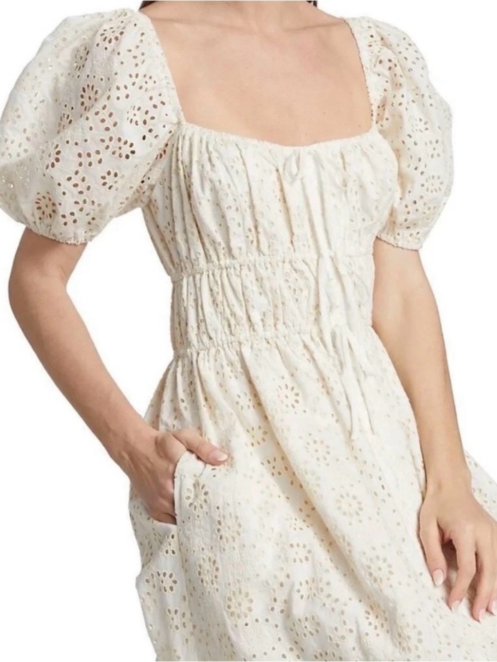 Off White Eyelet Puff Sleeve Midi Dress